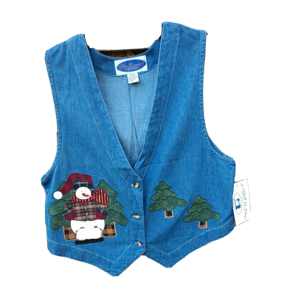 🔥☃️Blue Diamond Applique Denim Blue Jean Snowman Vest Small NWT